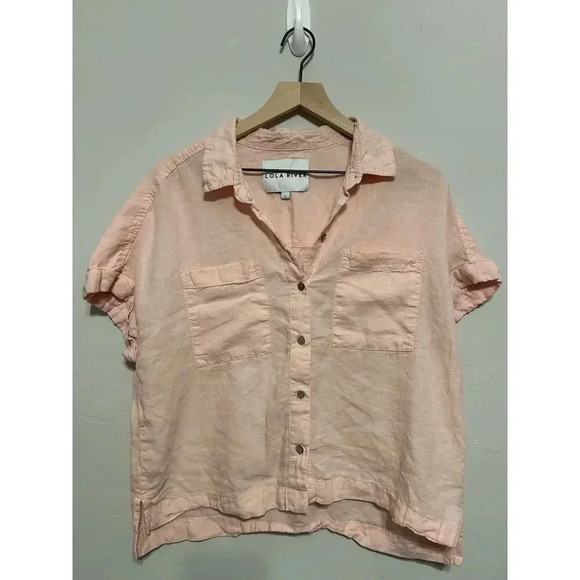 Lola River Linen Tencel Blend Blush Cropped Button Up L - Picture 2 of 9
